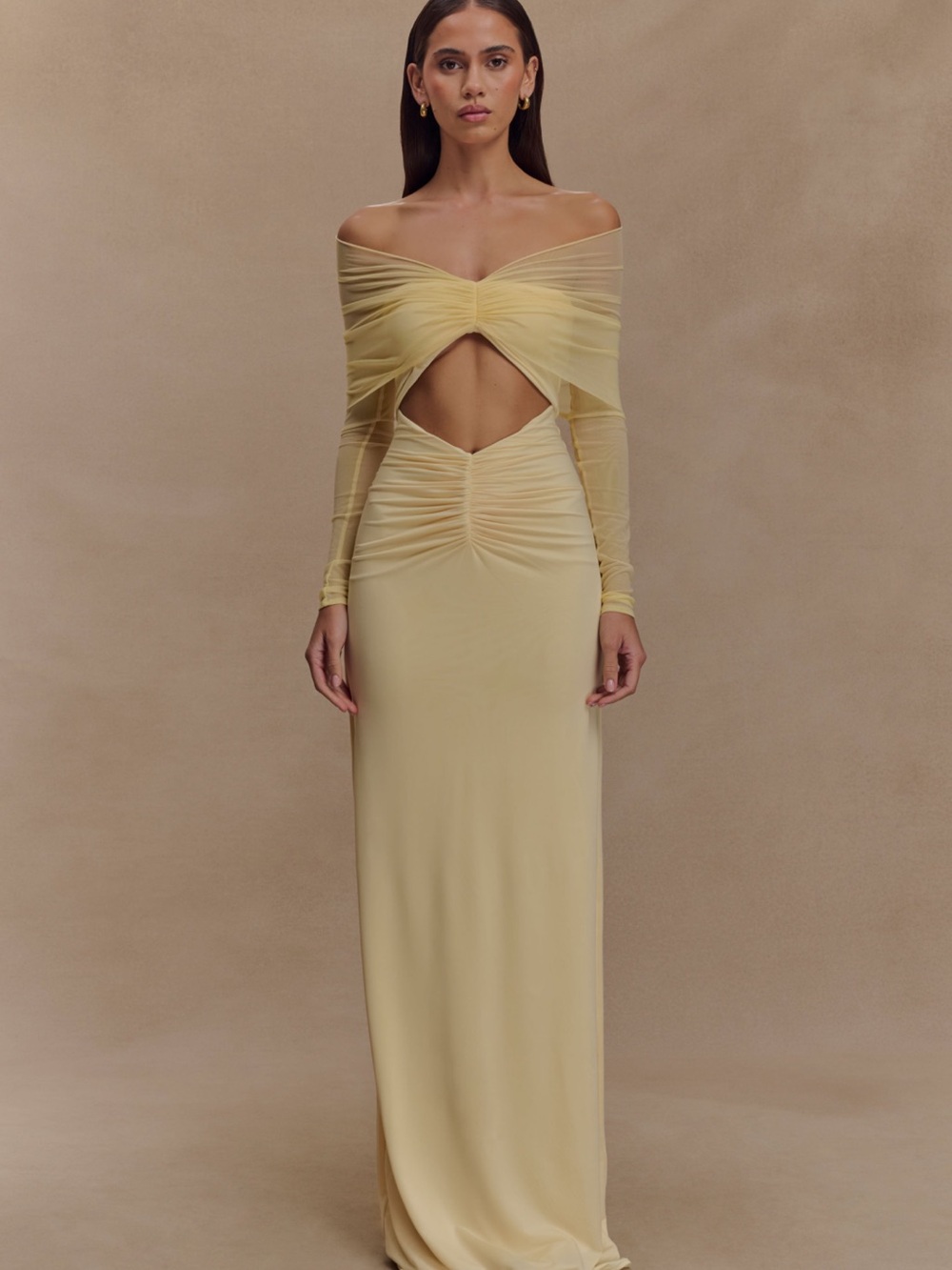 Off-Shoulder Cutout Ruched Maxi Dress in Pale Yellow